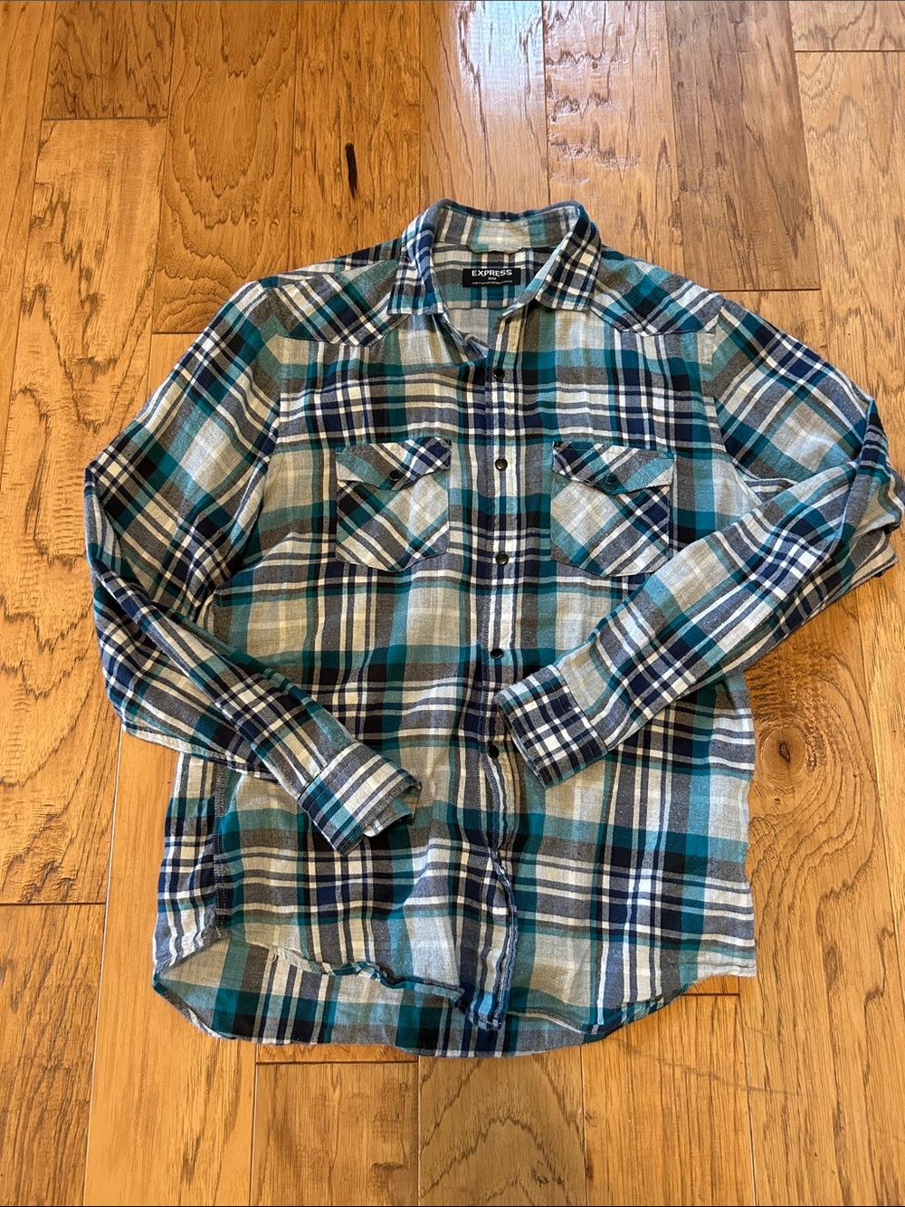Express Men’s Teal & Navy Plaid Button-Down Shirt